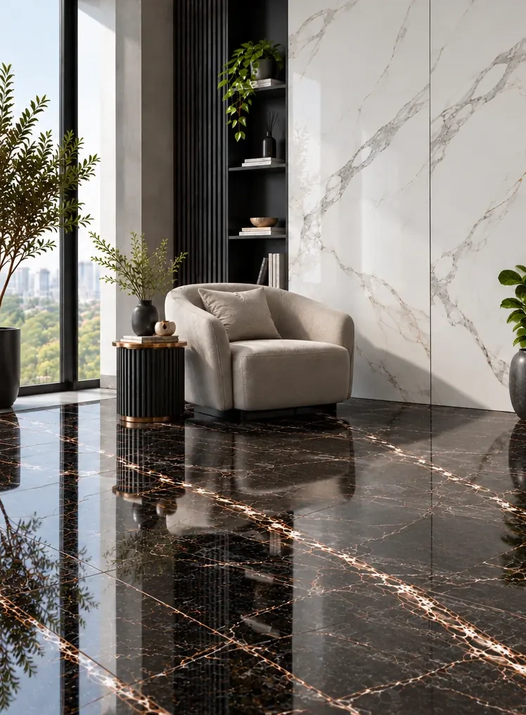 Nero Rame black porcelain flooring with copper-toned veining in a contemporary living room